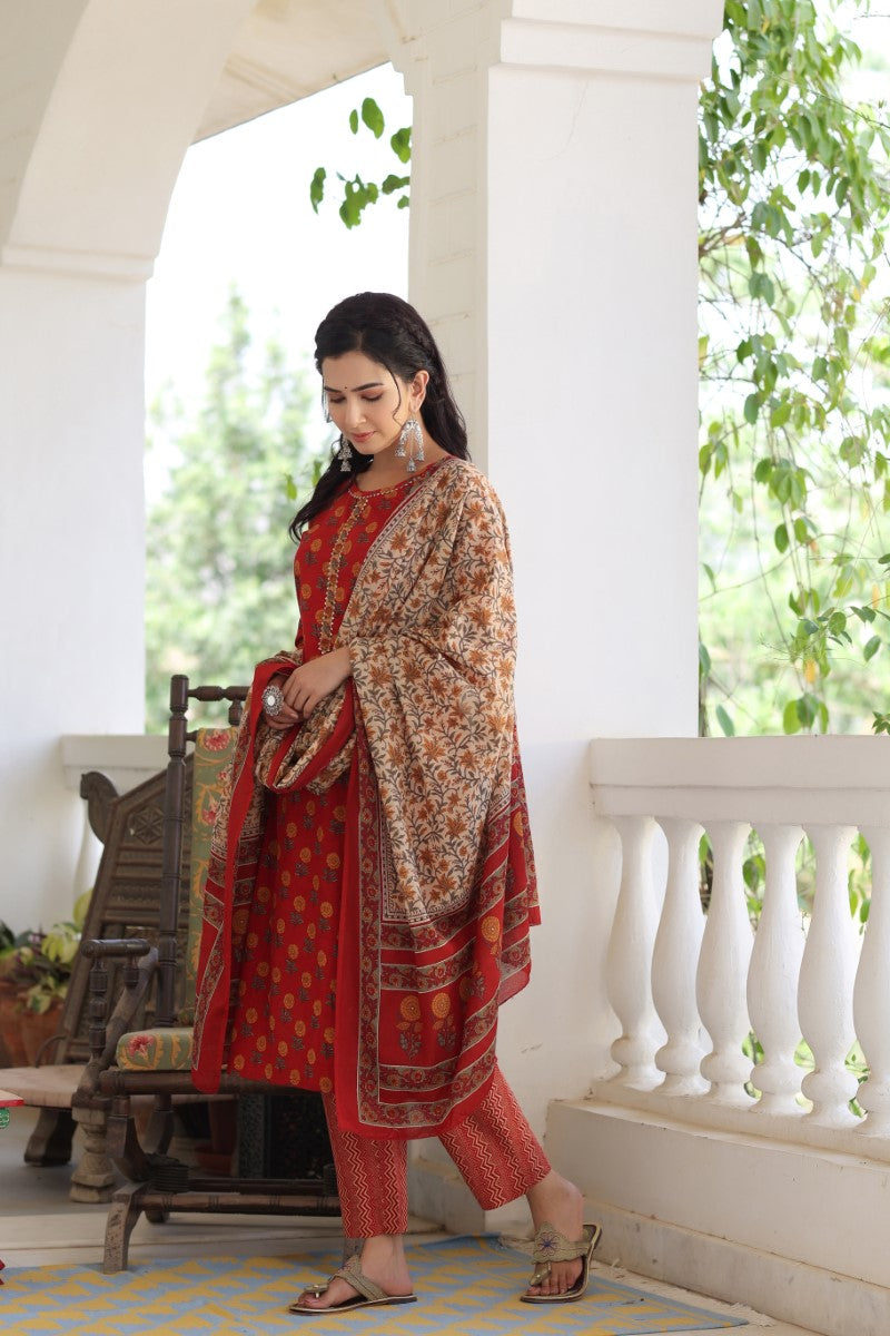 Maroon Brown Printed Kurta with Trousers Dupatta VKSKD1027
