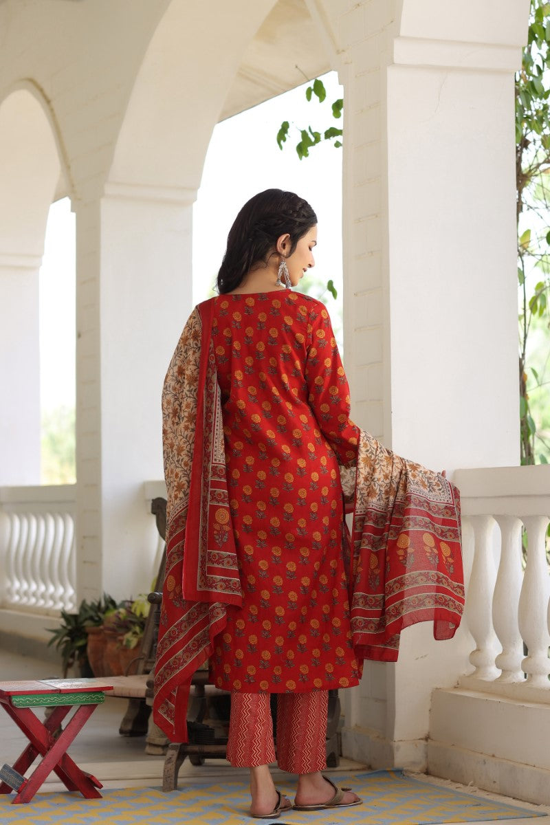 Maroon Brown Printed Kurta with Trousers Dupatta VKSKD1027