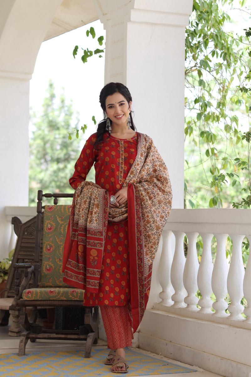 Maroon Brown Printed Kurta with Trousers Dupatta VKSKD1027