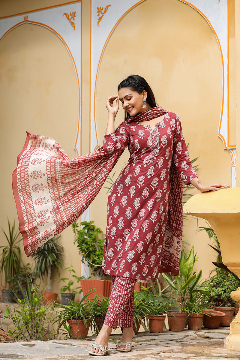 Maroon Rayon Blend Straight Suit Set VKSKD1030