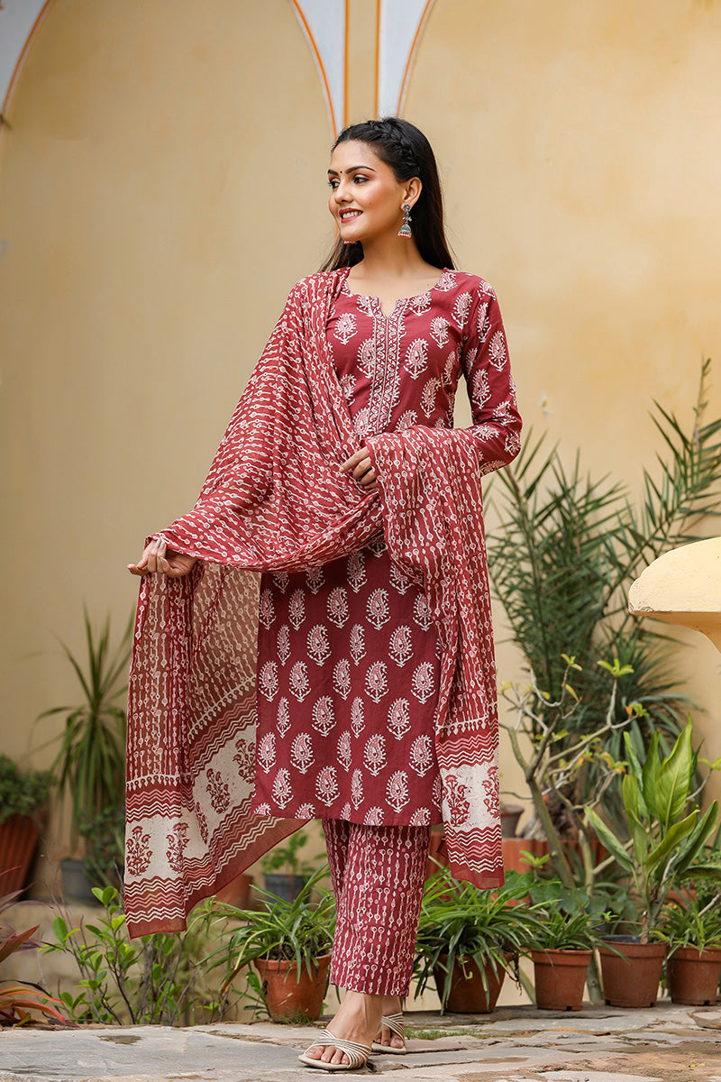 Maroon Rayon Blend Straight Suit Set VKSKD1030