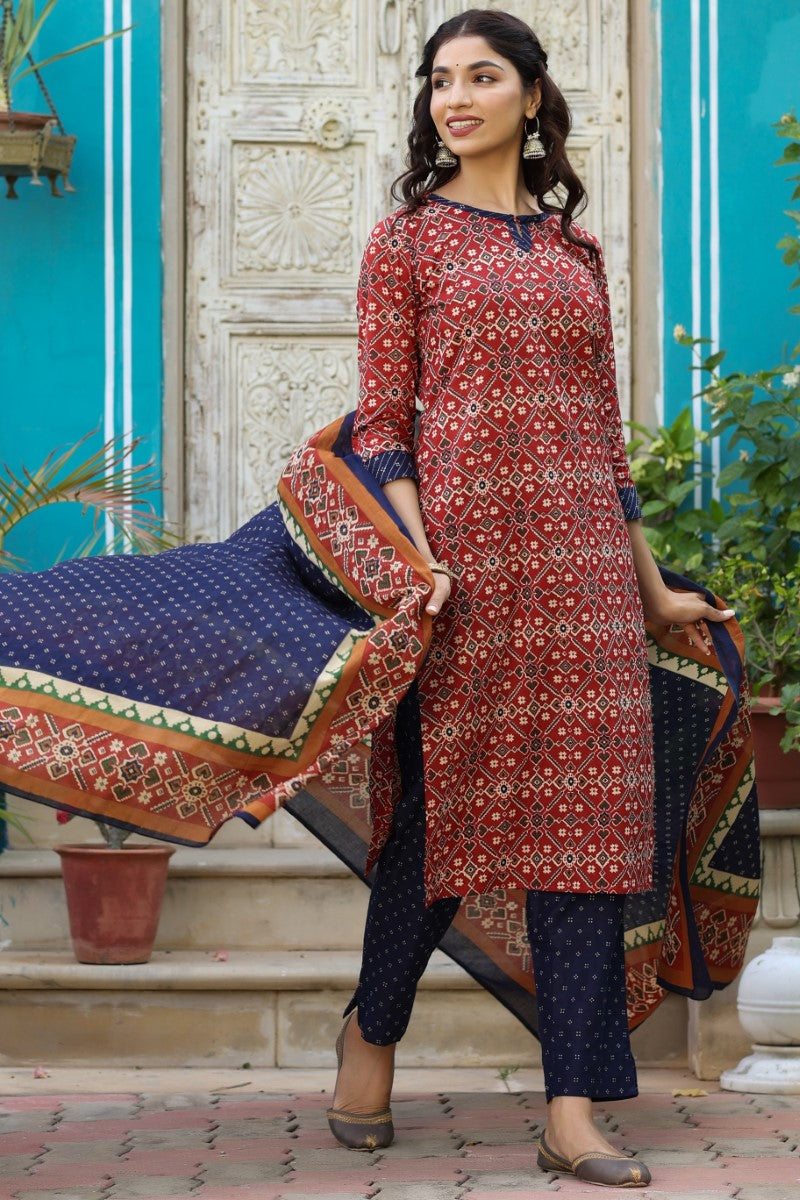 Blue and Red Printed Fancy Kurta and Palazzo Dupatta Set - Ahika VKSKD1035