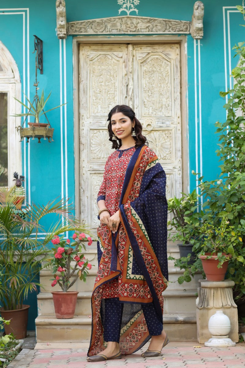 Blue and Red Printed Fancy Kurta and Palazzo Dupatta Set - Ahika VKSKD1035