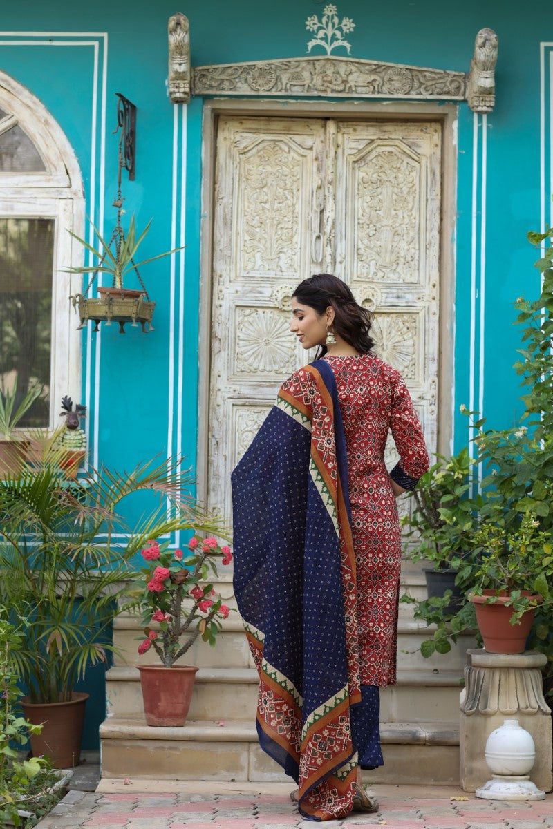 Blue and Red Printed Fancy Kurta and Palazzo Dupatta Set - Ahika VKSKD1035