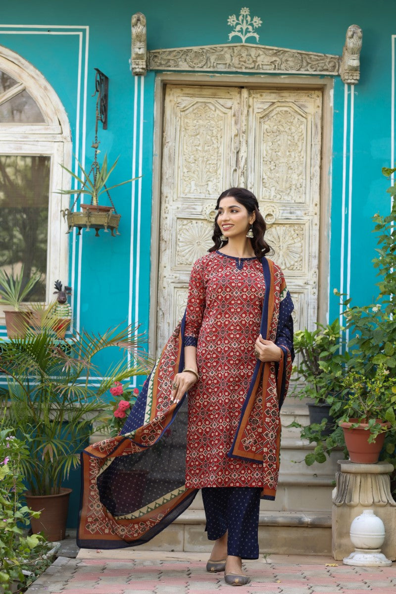Blue and Red Printed Fancy Kurta and Palazzo Dupatta Set - Ahika VKSKD1035