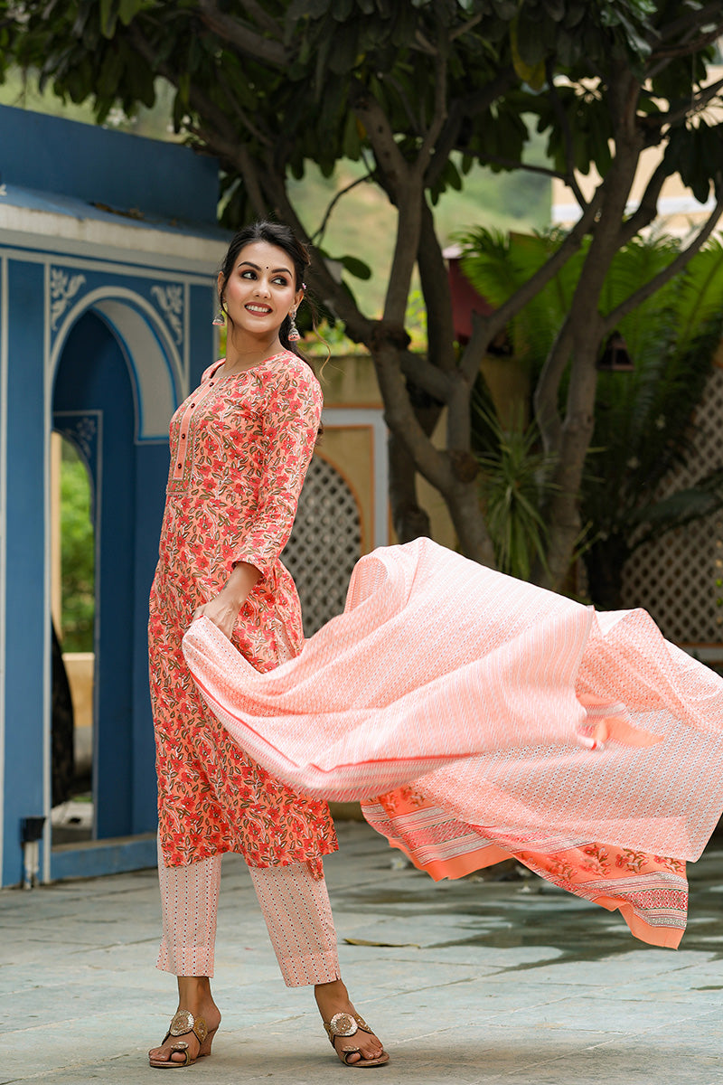 Orange Rayon Blend Ethnic Motifs Print Suit Set VKSKD1043E