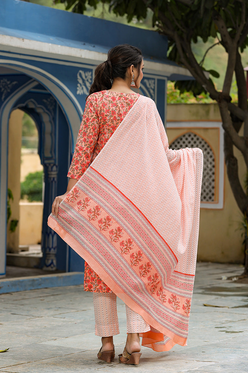 Orange Rayon Blend Ethnic Motifs Print Suit Set VKSKD1043E