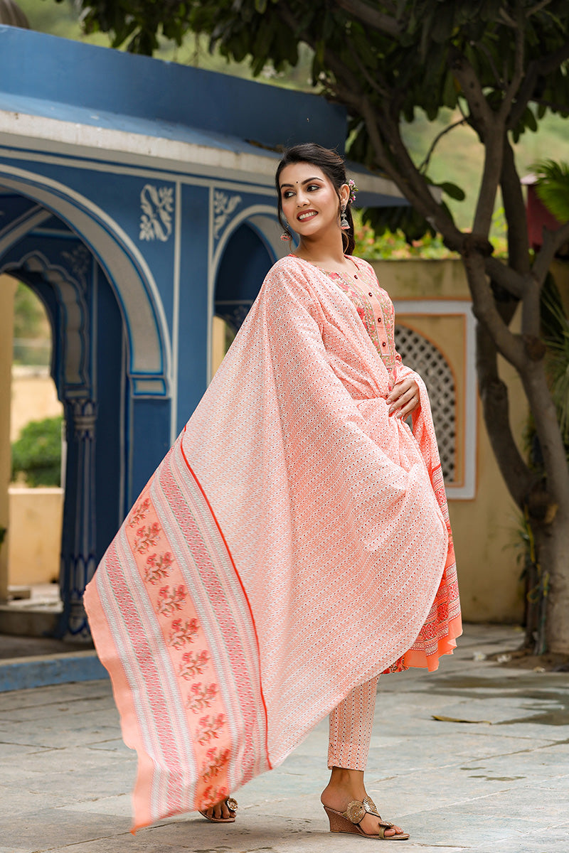 Orange Rayon Blend Ethnic Motifs Print Suit Set VKSKD1043E