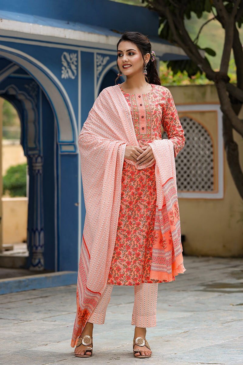 Orange Rayon Blend Ethnic Motifs Print Suit Set VKSKD1043E