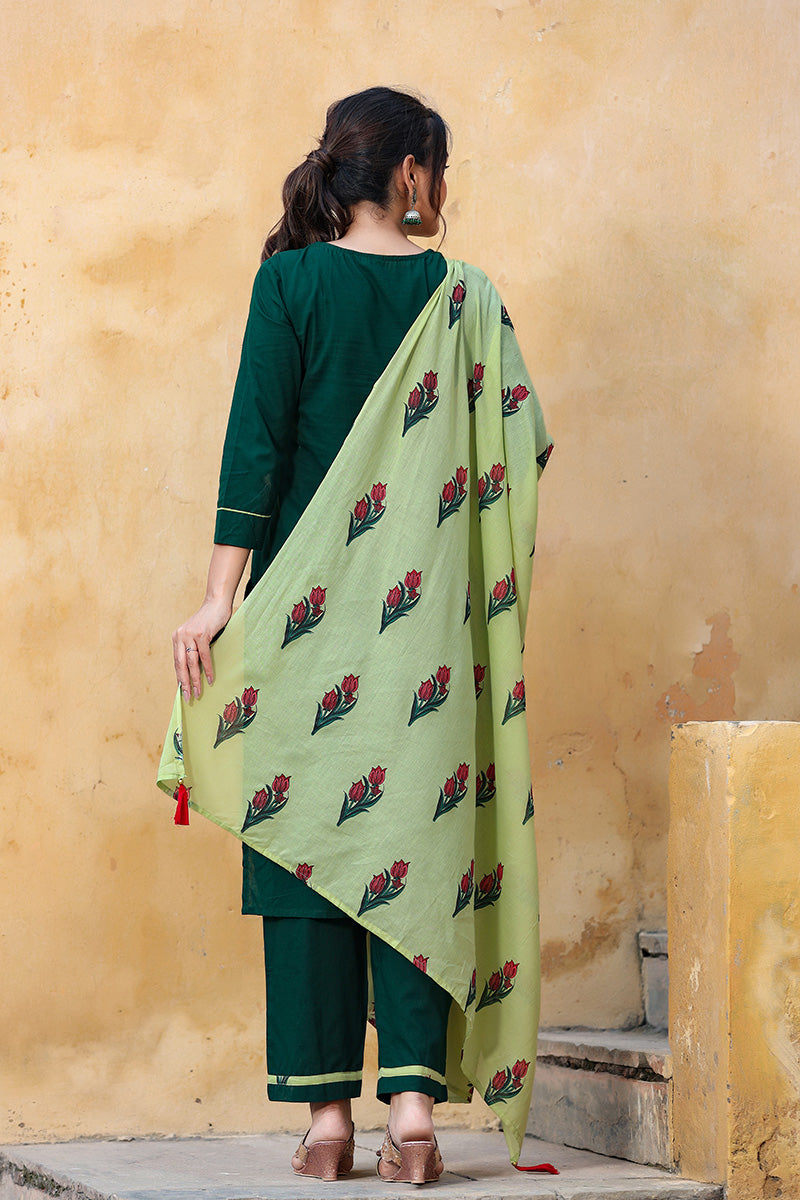 AHIKA Women Green Regular Pure Cotton Kurta with Trousers With Dupatta Set