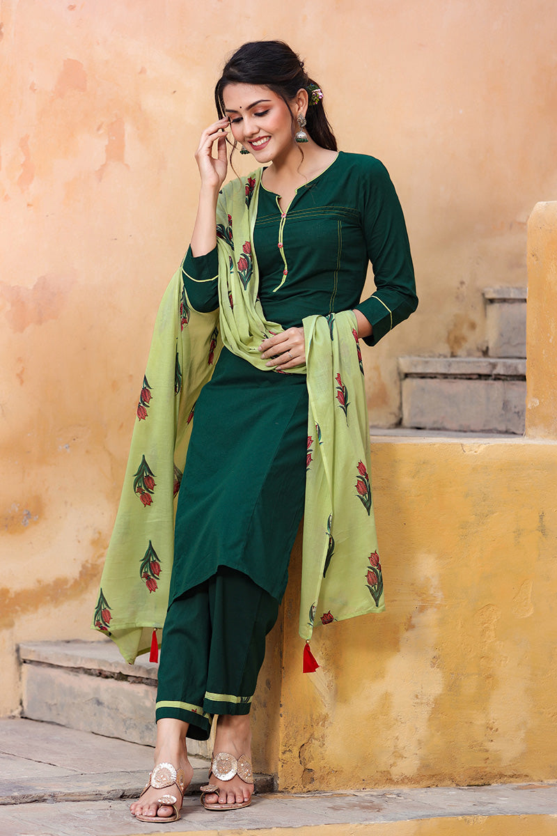 AHIKA Women Green Regular Pure Cotton Kurta with Trousers With Dupatta Set