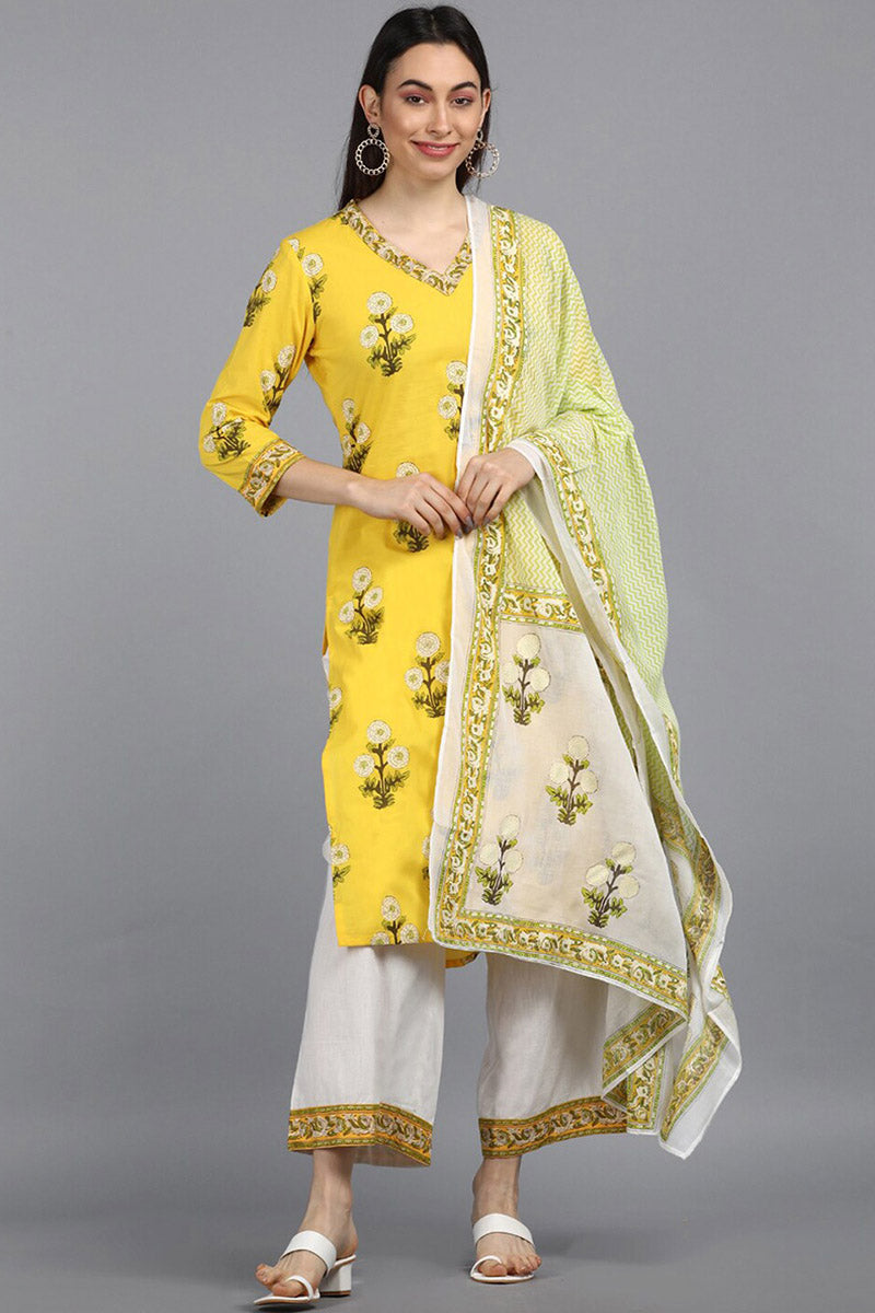 Cotton Yellow Ethnic Motifs Printed Straight Kurta Pant Dupatta Set VKSKD1089