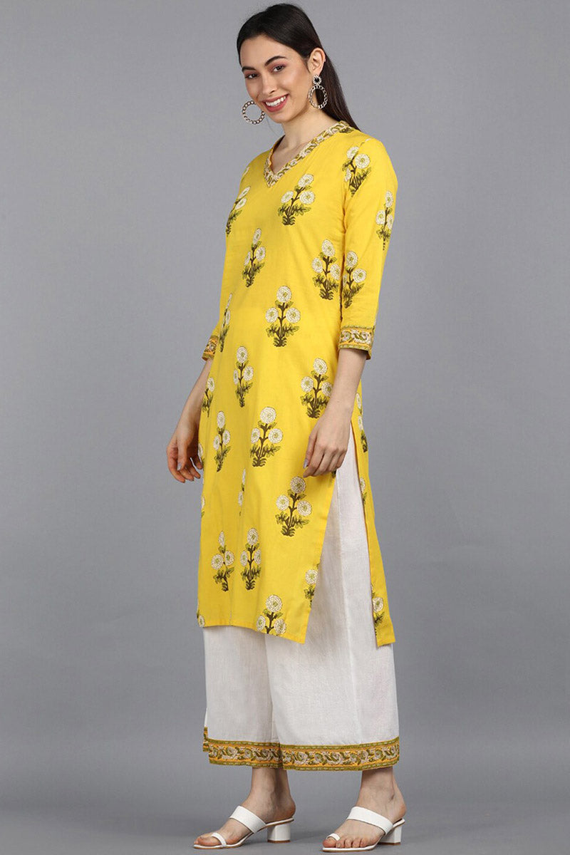Cotton Yellow Ethnic Motifs Printed Straight Kurta Pant Dupatta Set VKSKD1089