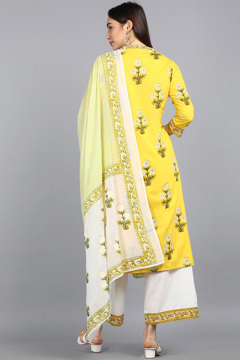 Cotton Yellow Ethnic Motifs Printed Straight Kurta Pant Dupatta Set VKSKD1089