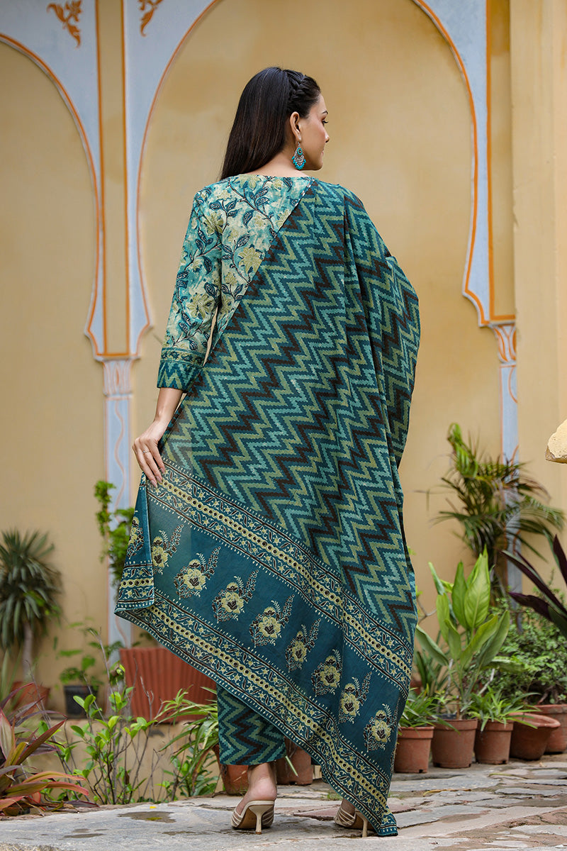 Rayon Blend Teal Ethnic Motifs Printed Straight Kurta Palazzo Dupatta Set VKSKD1091
