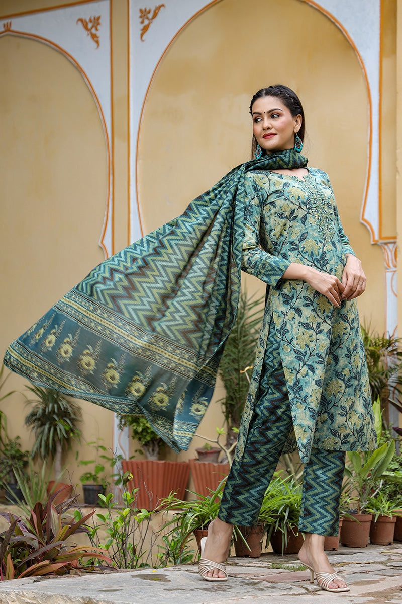 Rayon Blend Teal Ethnic Motifs Printed Straight Kurta Palazzo Dupatta Set VKSKD1091