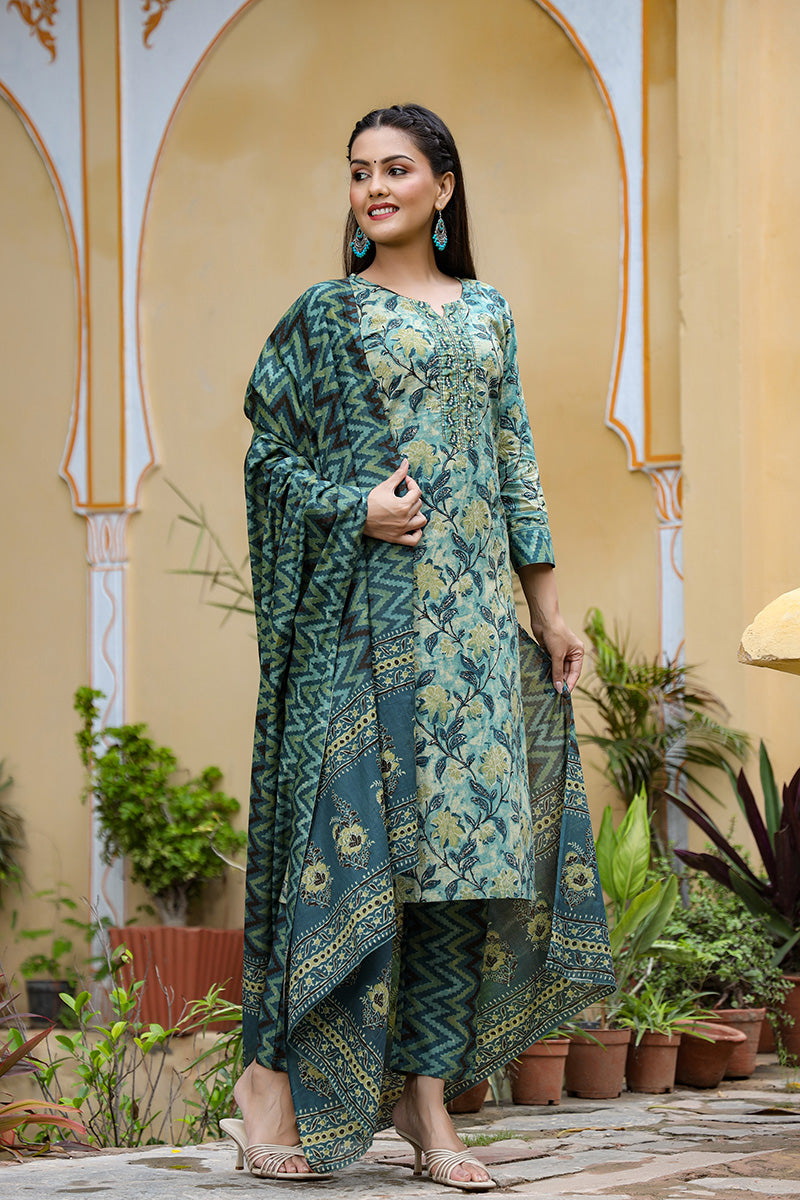 Rayon Blend Teal Ethnic Motifs Printed Straight Kurta Palazzo Dupatta Set VKSKD1091