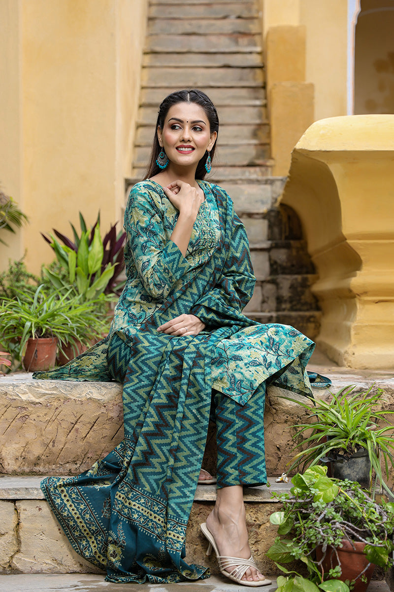 Rayon Blend Teal Ethnic Motifs Printed Straight Kurta Palazzo Dupatta Set VKSKD1091