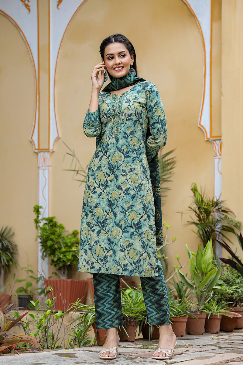 Rayon Blend Teal Ethnic Motifs Printed Straight Kurta Palazzo Dupatta Set VKSKD1091