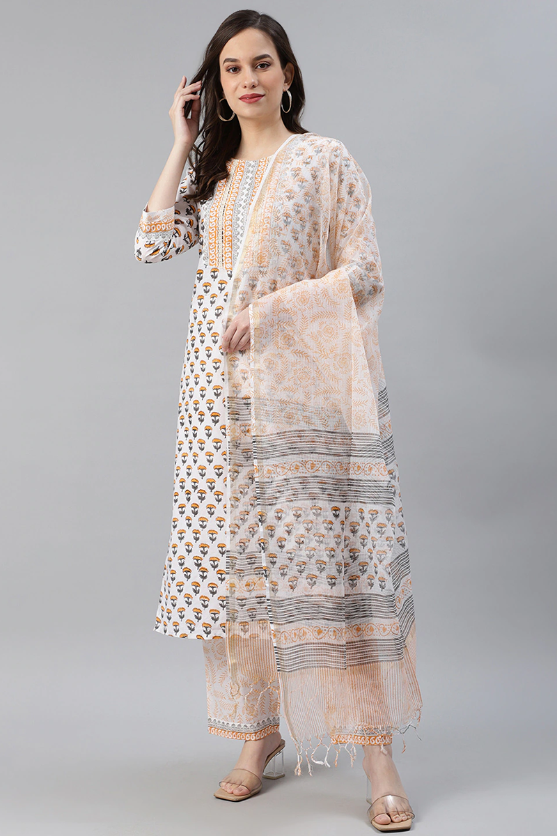 White Cotton Ethnic Motifs Printed Straight Kurta Palazzo Dupatta Set VKSKD1110