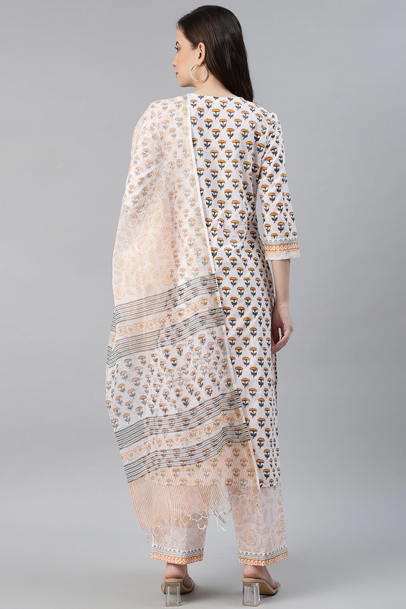 White Cotton Ethnic Motifs Printed Straight Kurta Palazzo Dupatta Set VKSKD1110
