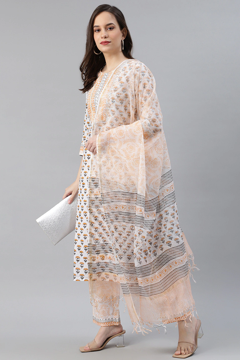 White Cotton Ethnic Motifs Printed Straight Kurta Palazzo Dupatta Set VKSKD1110