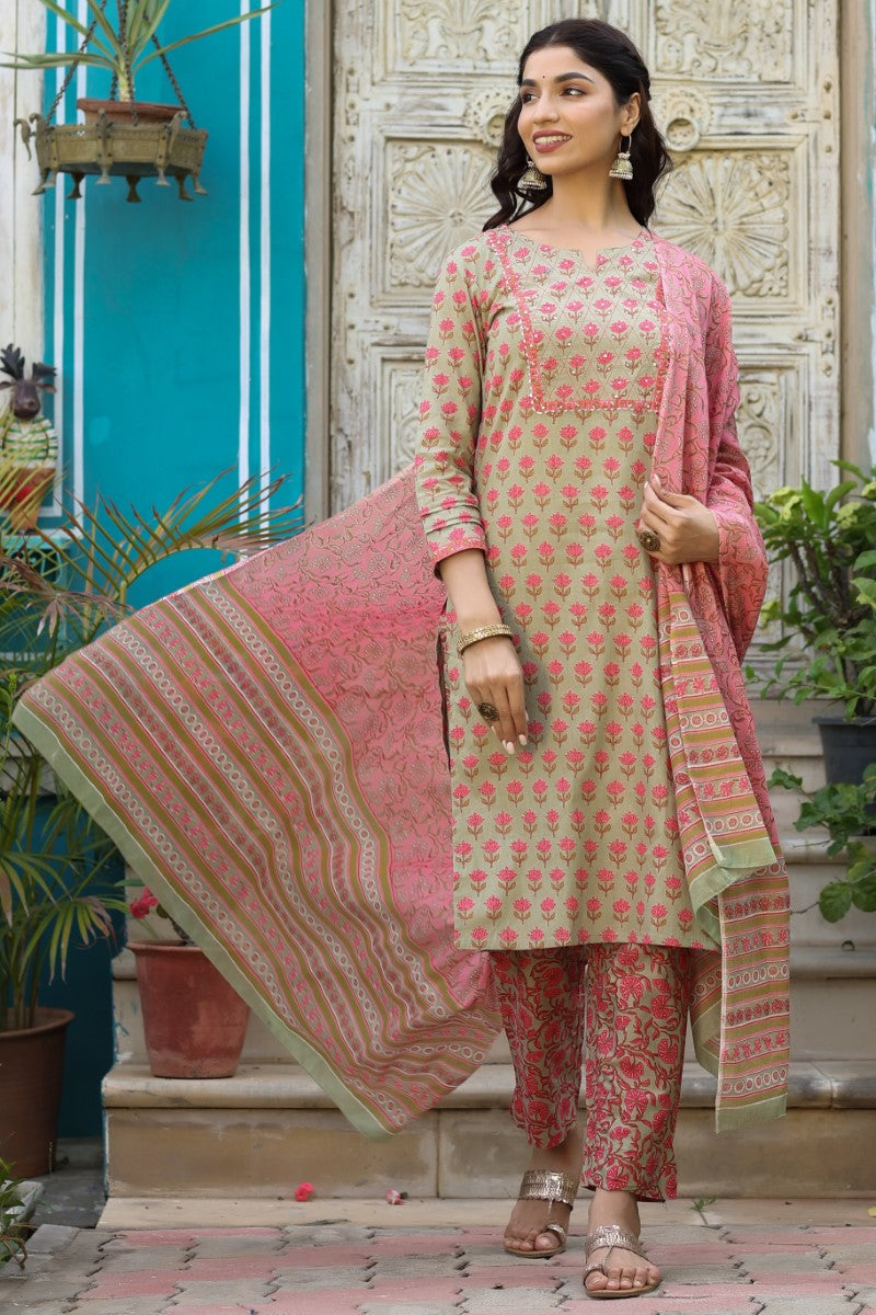 Green Cotton Floral Printed Straight Kurta Pant Dupatta Set VKSKD1151