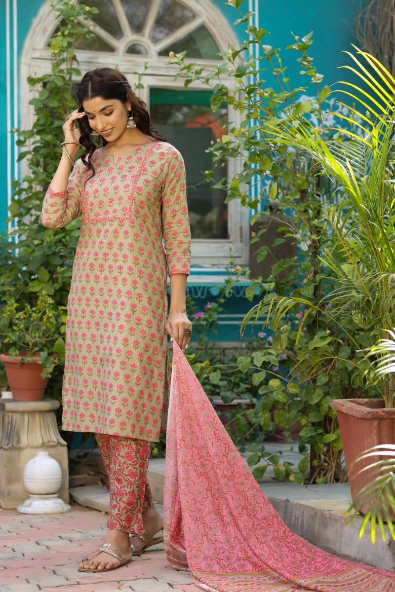 Green Cotton Floral Printed Straight Kurta Pant Dupatta Set VKSKD1151