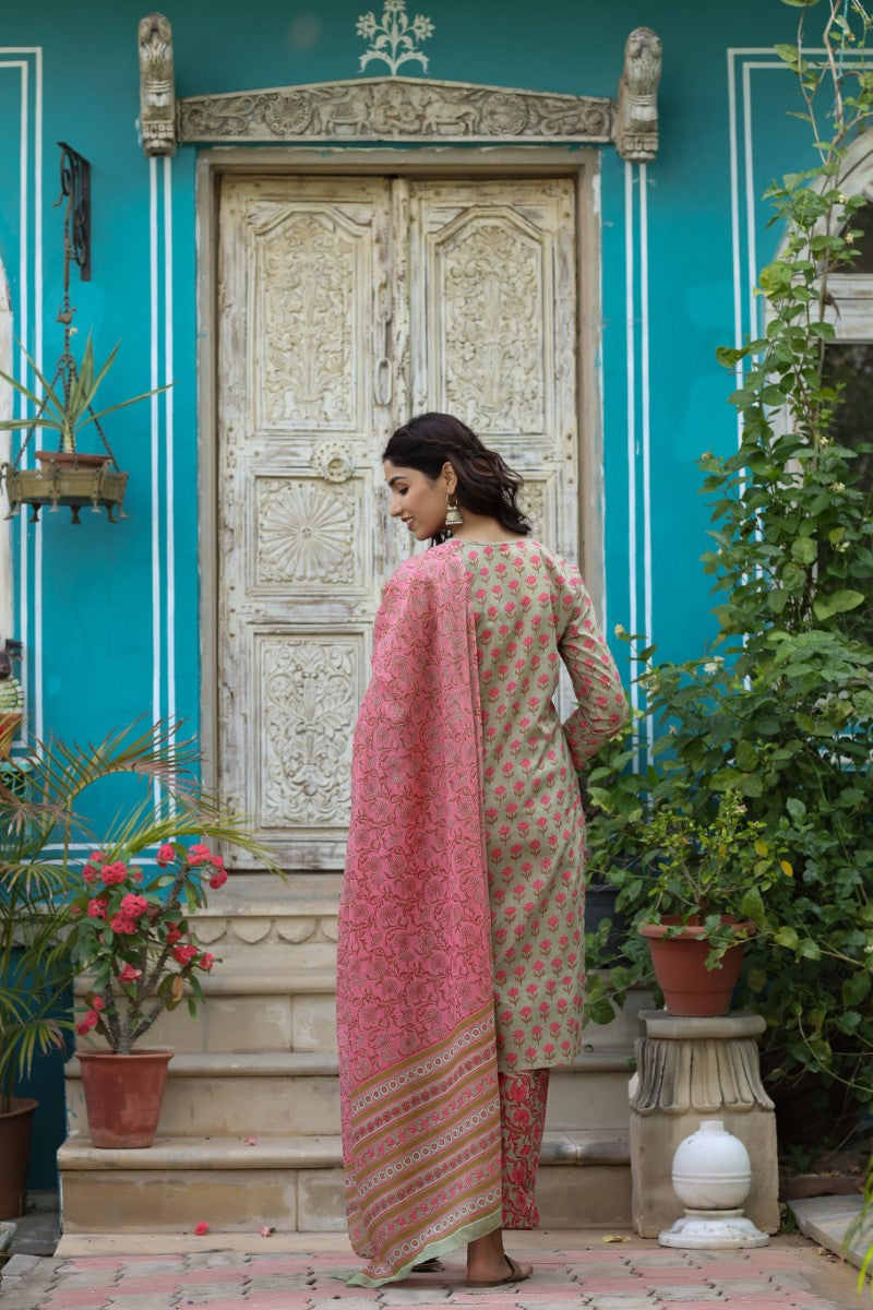 Green Cotton Floral Printed Straight Kurta Pant Dupatta Set VKSKD1151
