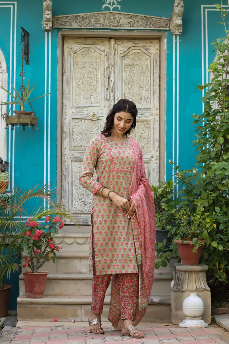 Green Cotton Floral Printed Straight Kurta Pant Dupatta Set VKSKD1151