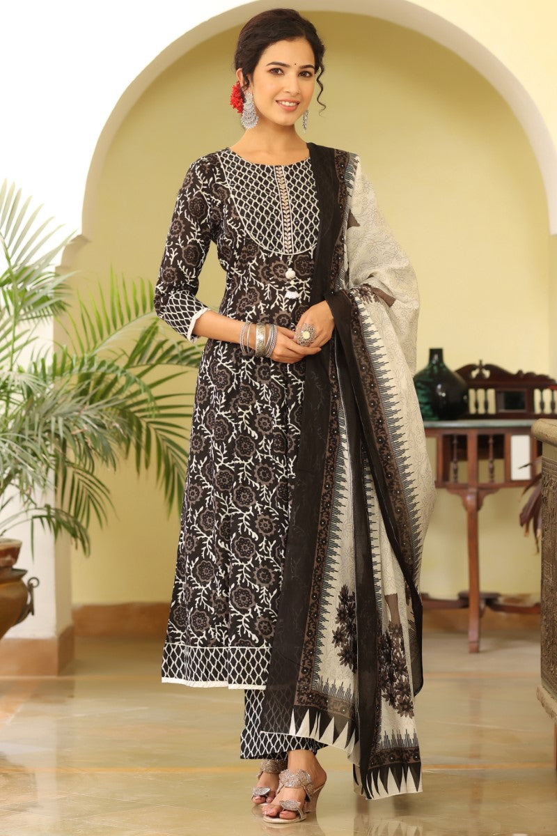 Black White Sequinned Rayon Blend Kurta With Trousers and Dupatta VKSKD1181