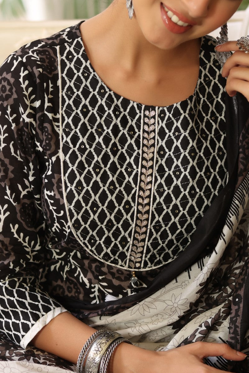 Black White Sequinned Rayon Blend Kurta With Trousers and Dupatta VKSKD1181