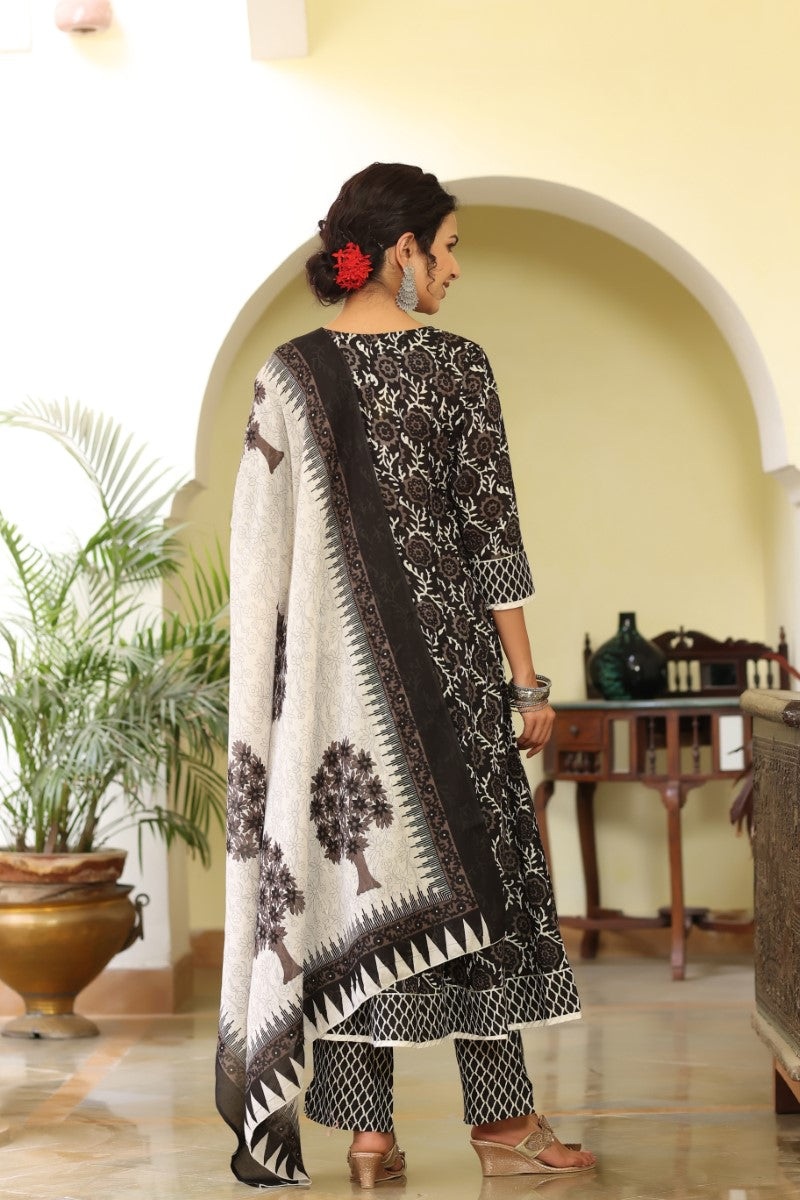 Black White Sequinned Rayon Blend Kurta With Trousers and Dupatta VKSKD1181