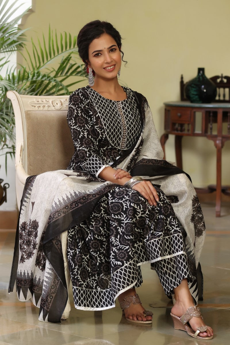 Black White Sequinned Rayon Blend Kurta With Trousers and Dupatta VKSKD1181