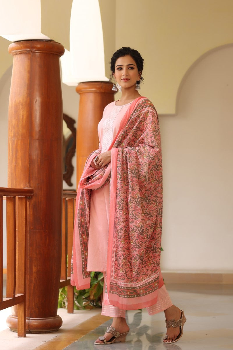 Pink cotton Yoke Design Gotta Patti Suit Set VKSKD1184