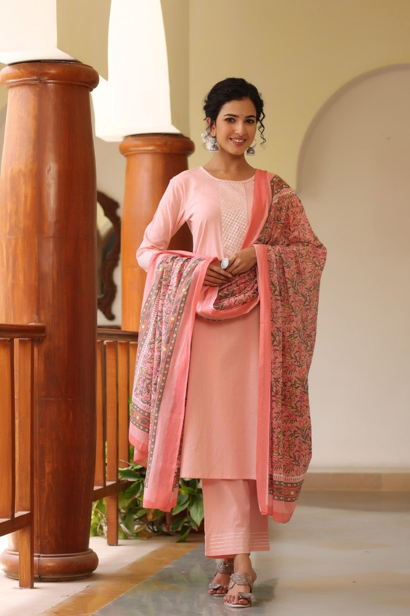 Pink cotton Yoke Design Gotta Patti Suit Set VKSKD1184