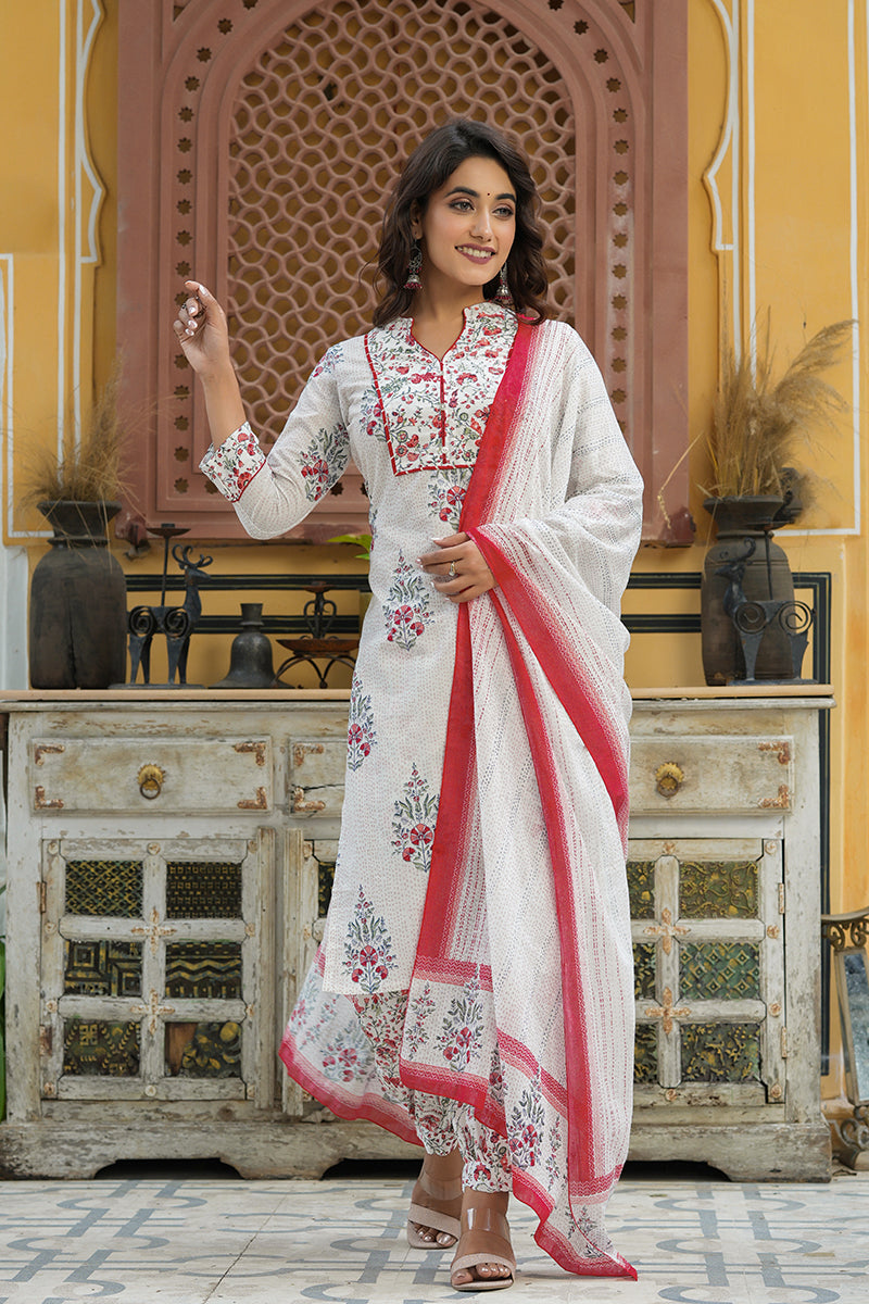 Off White Printed Cotton Kurta, Salwar, and Dupatta VKSKD1186