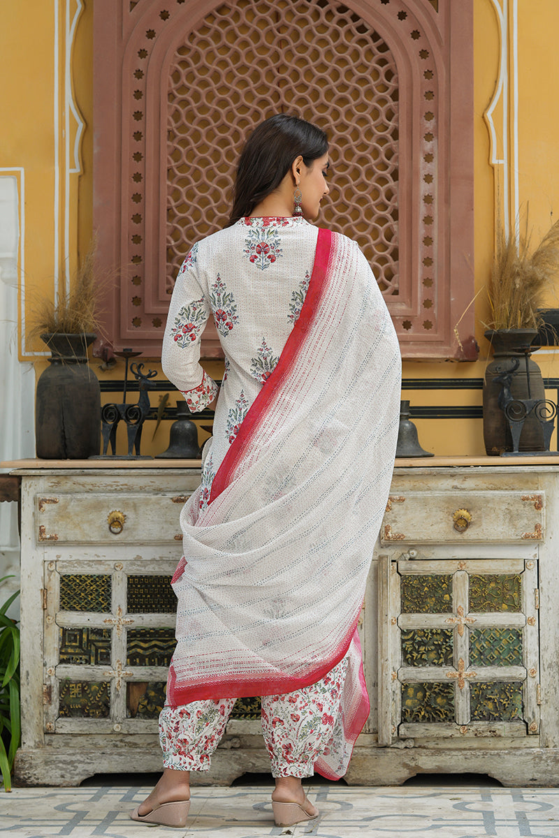 Off White Printed Cotton Kurta, Salwar, and Dupatta VKSKD1186