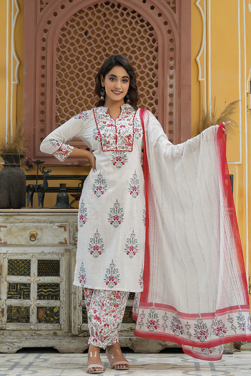 Off White Printed Cotton Kurta, Salwar, and Dupatta VKSKD1186