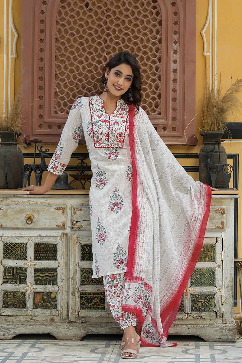 Off White Printed Cotton Kurta, Salwar, and Dupatta VKSKD1186
