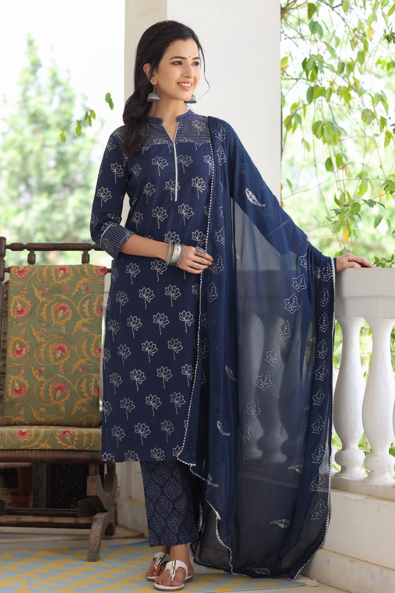 AHIKA Women Navy Blue Floral Printed Regular Pure Cotton Kurta with Palazzos With Dupatta