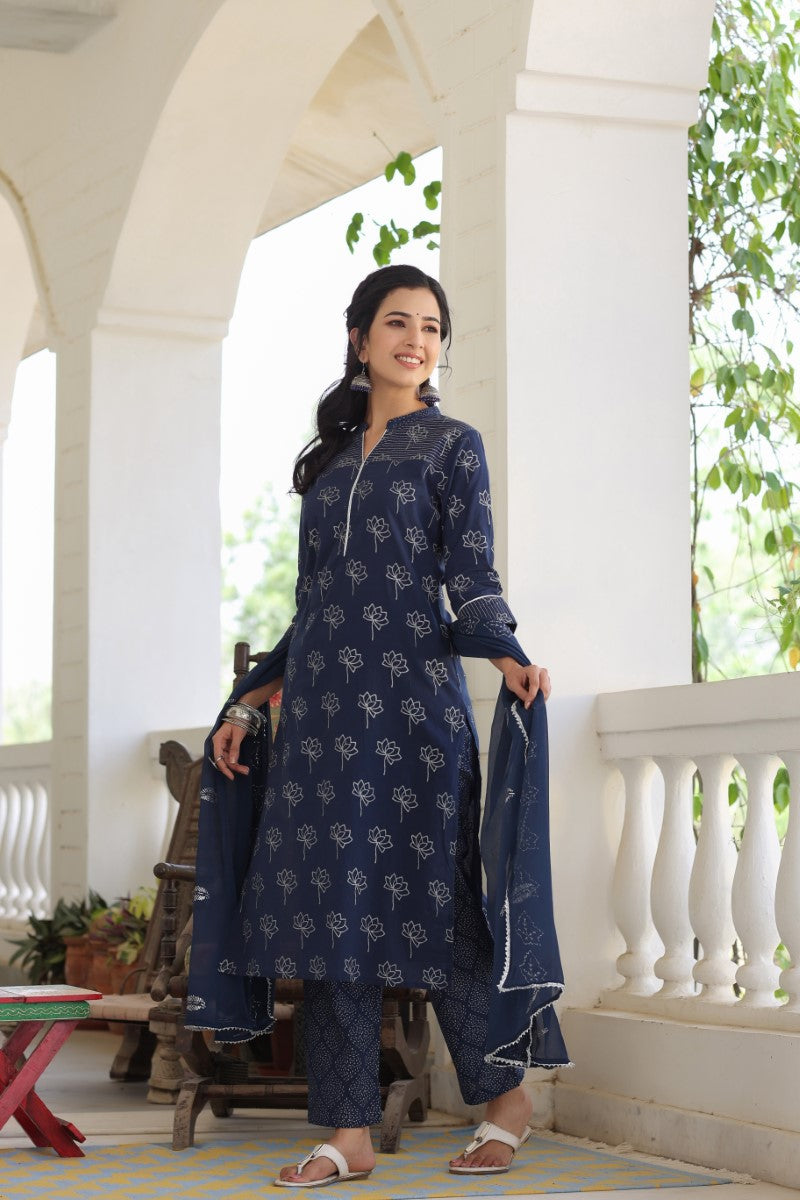 AHIKA Women Navy Blue Floral Printed Regular Pure Cotton Kurta with Palazzos With Dupatta