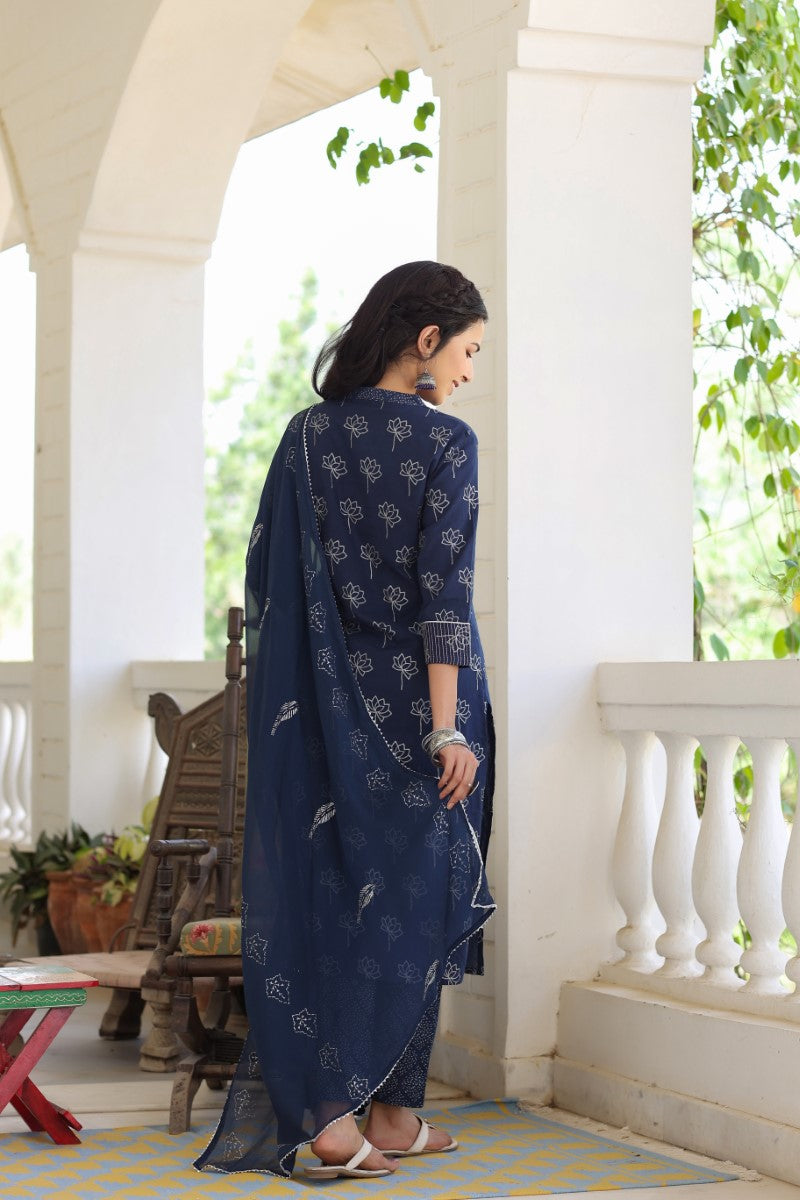 AHIKA Women Navy Blue Floral Printed Regular Pure Cotton Kurta with Palazzos With Dupatta