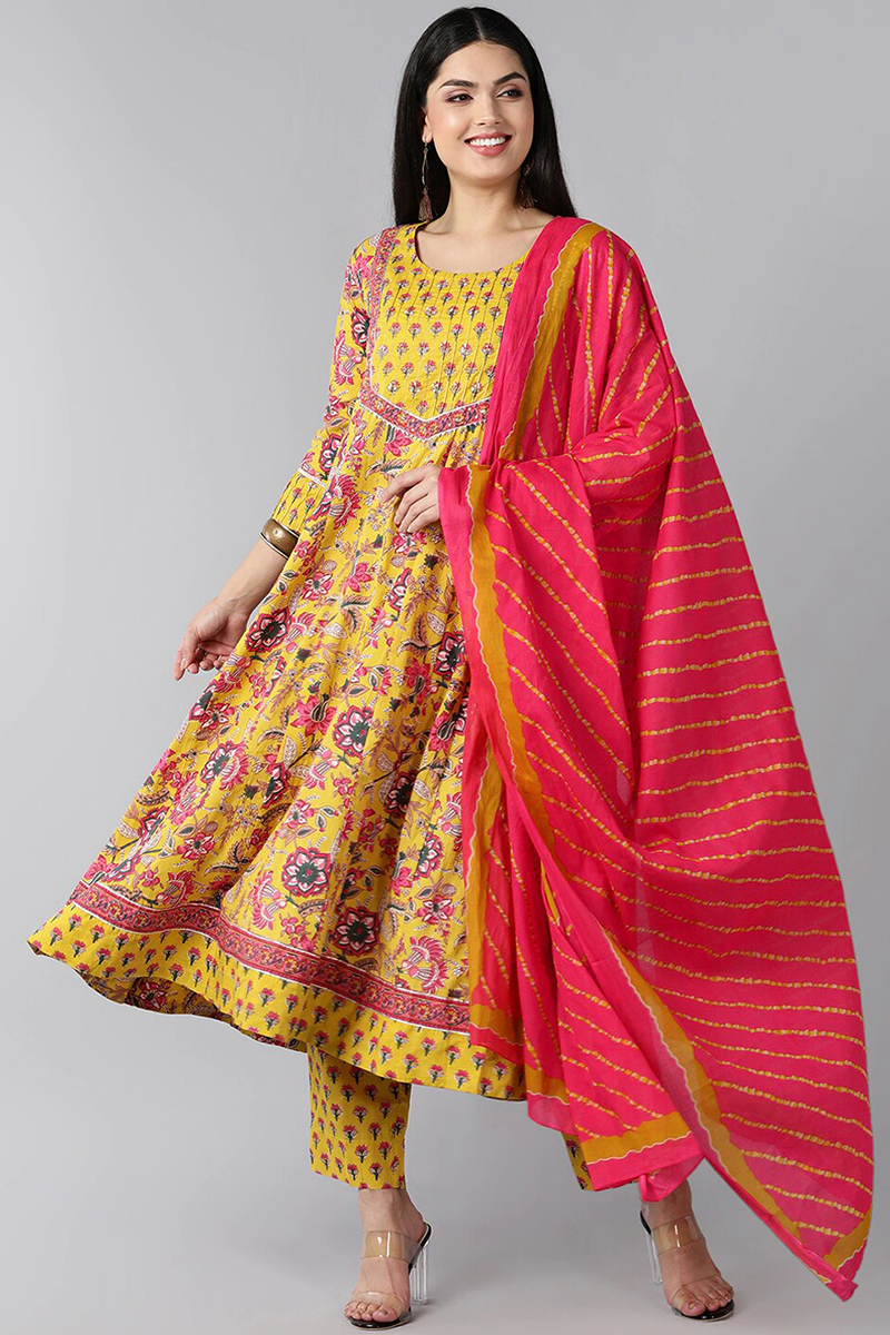 Yellow Ethnic Motifs Printed Regular Rayon Kurta VKSKD1224