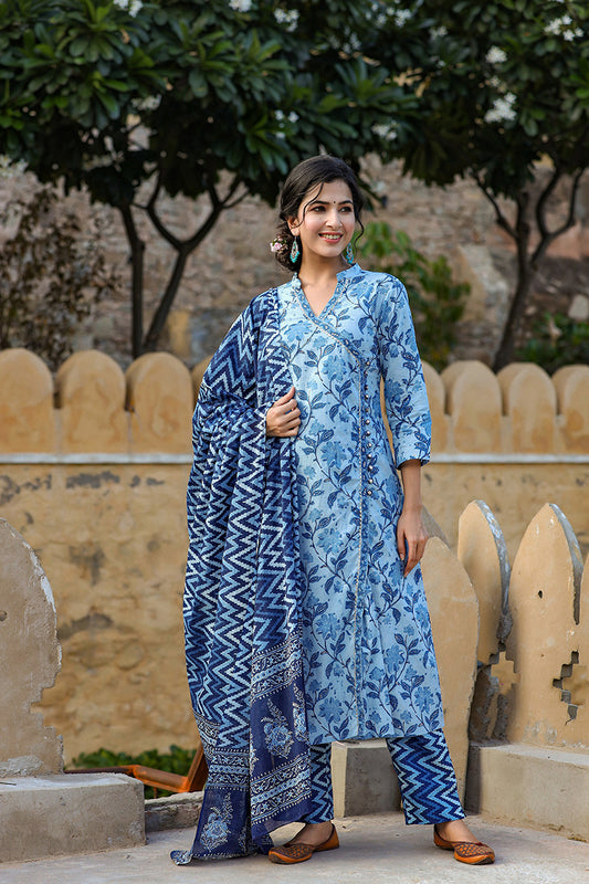 Blue Off-White Print Cotton Kurta with Trousers Dupatta – Ahika