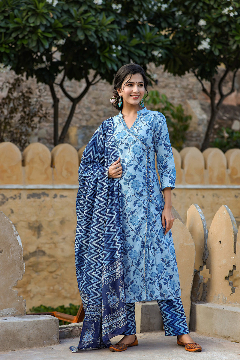 Blue Cotton Angrakha Suit Set VKSKD1226