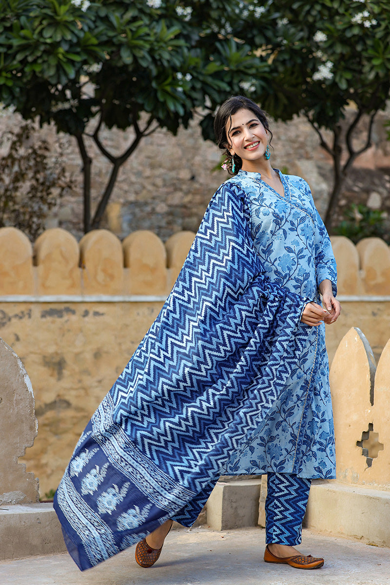 Blue Cotton Angrakha Suit Set VKSKD1226
