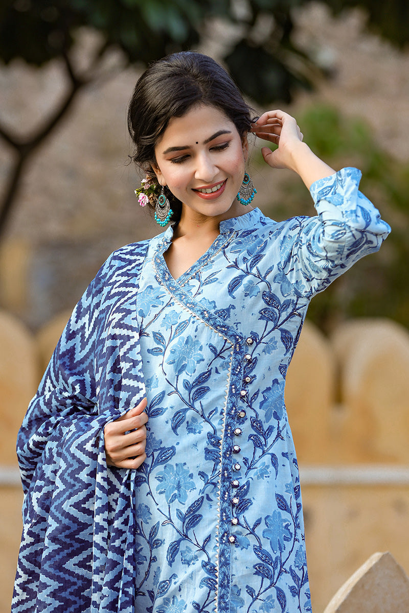 Blue Cotton Angrakha Suit Set VKSKD1226