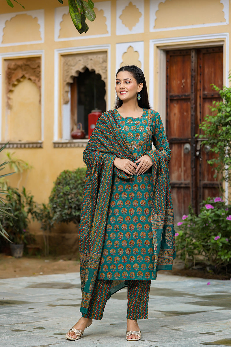 Teal Green Rayon Blend Straight Suit Set VKSKD1231