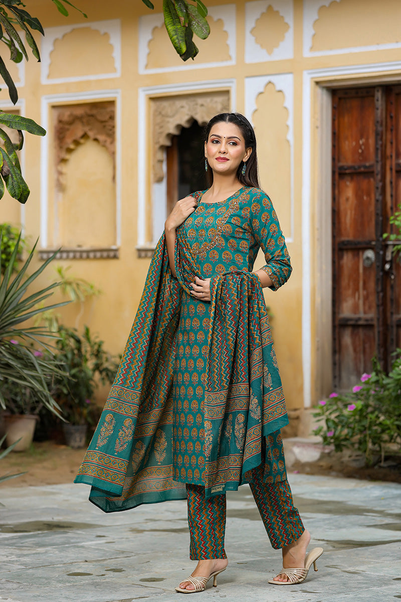 Teal Green Rayon Blend Straight Suit Set VKSKD1231